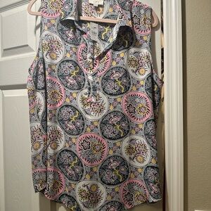 LOFT Floral Patterned Sleeveless Blouse - Pink, Black, and White